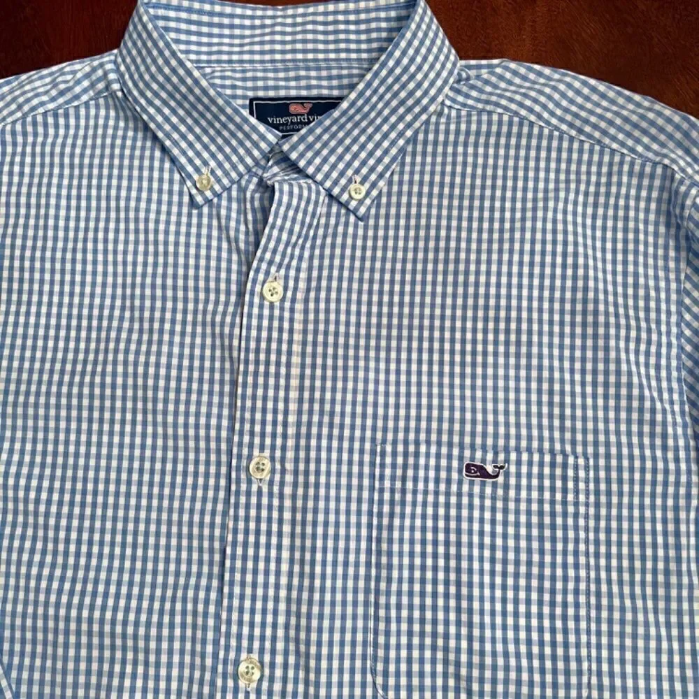 Vineyard Vines Seawater Blue White Gingham Check Performance Tucker Shirt LARGE